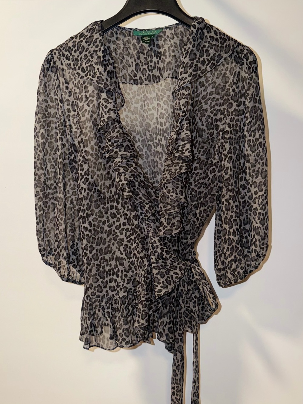 Ralph Lauren Sheer Gray and Black Leopard Ruffle Wrap Blouse